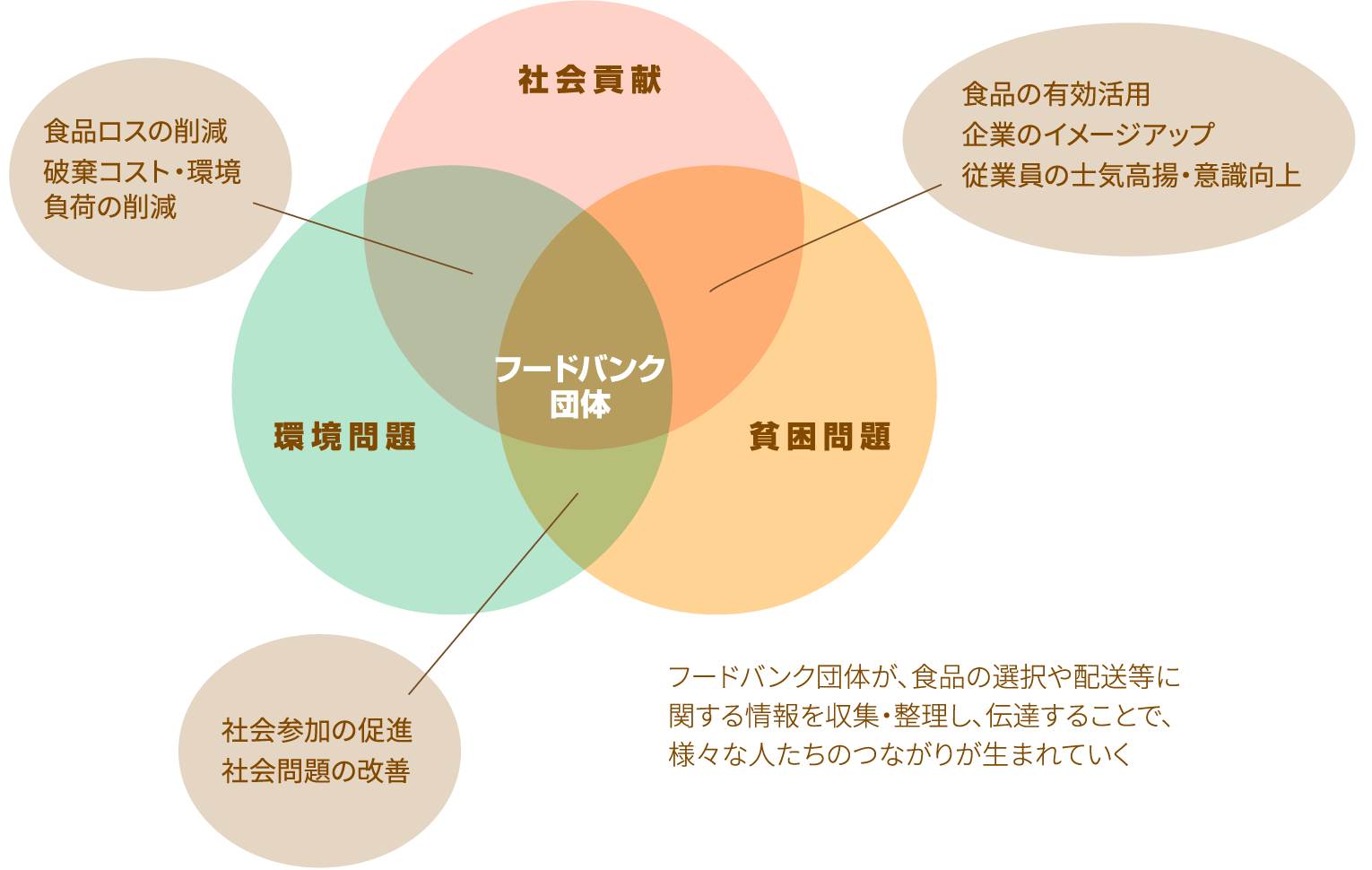 フードバンク団体が、食品の選択や配送等に関する情報を収集・整理し、伝達することで、様々な人たちのつながりが生まれていく